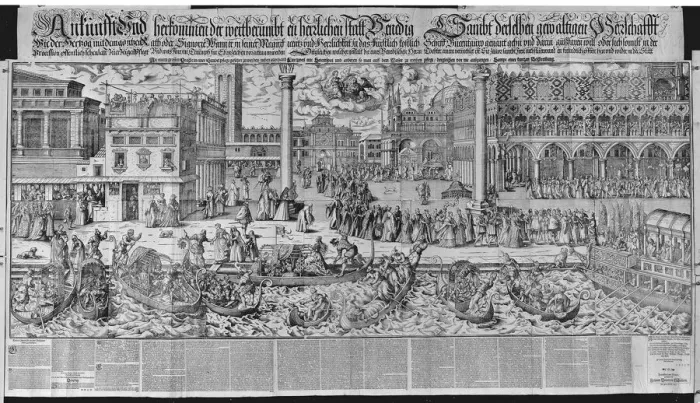 Framed Print : Procession of the Doge to the Bucintoro on Ascension Day, with a View of Venice, ca. 1565... 1697. Creator: Jost Ammon Framed Print : Procession of the Doge to the Bucintoro on Ascension Day, with a View of Venice, ca. 1565... 1697. Creator: Jost Ammon