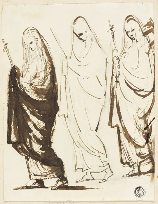 Framed Print : Procession of Three Draped Women Holding Crosses or Sceptres, 1754 / 1802. Creator: George Romney Framed Print : Procession of Three Draped Women Holding Crosses or Sceptres, 1754 / 1802. Creator: George Romney