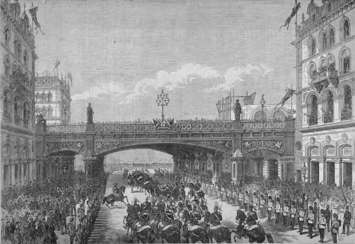Framed Print : A procession in Farringdon Street passing under Holborn Viaduct, City of London, 1869 Framed Print : A procession in Farringdon Street passing under Holborn Viaduct, City of London, 1869