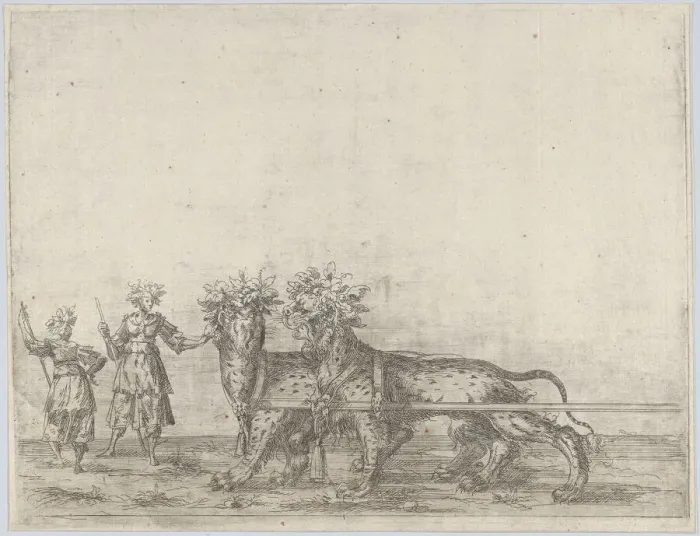 Framed Print : Procession, with two figures and two lions, 16th century. 16th century. Creator: Anon