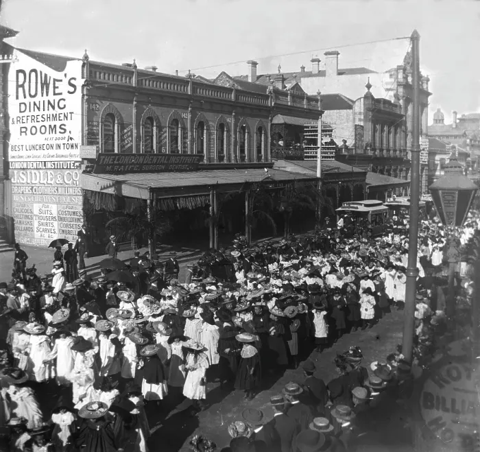 Framed Print : Procession of girls and women out the front of 142, Queen Street corner Edward Street, 1905 Framed Print : Procession of girls and women out the front of 142, Queen Street corner Edward Street, 1905
