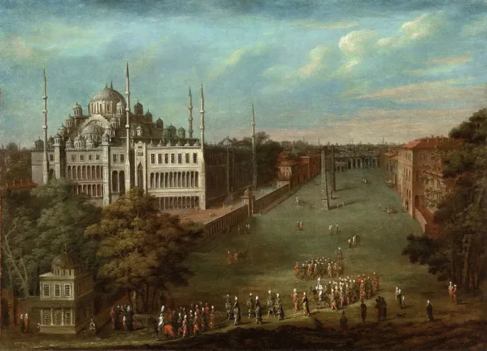 Framed Print : Procession of the Grand Vizier on the Hippodrome Square with the Sultan Ahmed Mosque, 1737. Artist: Vanmour (Van Mour), Jean-Baptiste (1671-1737) Framed Print : Procession of the Grand Vizier on the Hippodrome Square with the Sultan Ahmed Mosque, 1737. Artist: Vanmour (Van Mour), Jean-Baptiste (1671-1737)