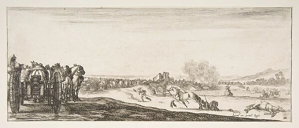 A procession of horse-drawn cannon carriages to left, horsemen in combat and a dead ho