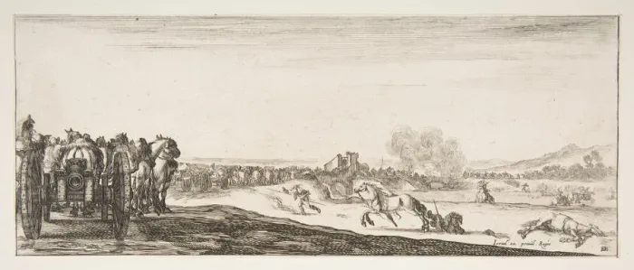 Framed Print : A procession of horse-drawn cannon carriages to left, horsemen in combat and a dead ho