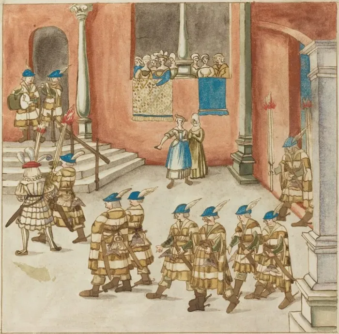 Framed Print : Procession of Knights Viewed by Ladies on a Balcony, c. 1515. Creator: Unknown Framed Print : Procession of Knights Viewed by Ladies on a Balcony, c. 1515. Creator: Unknown