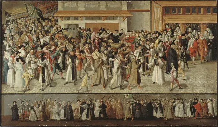 Framed Print : Procession of the League on l'ile de la Cite, leaving Notre-Dame, c1590. Creator: Francois Bunel Framed Print : Procession of the League on l'ile de la Cite, leaving Notre-Dame, c1590. Creator: Francois Bunel