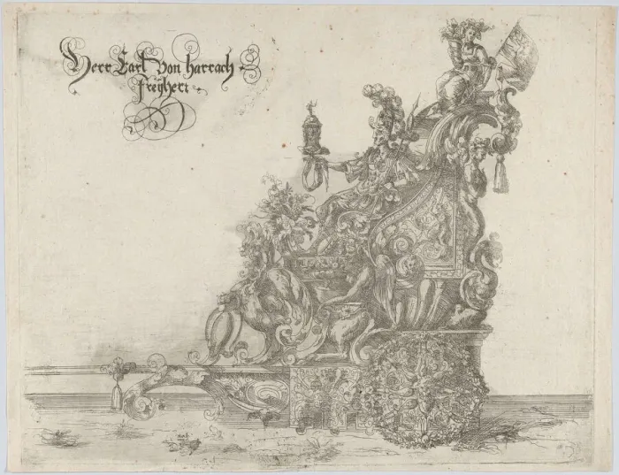 Framed Print : Procession, with a male and female figure seated on a float, 16th century. 16th century. Creator: Anon