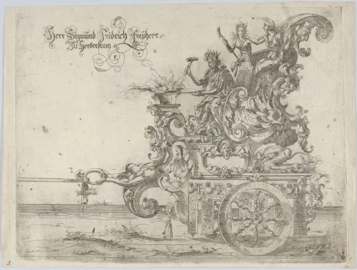 Framed Print : Procession, with a male and two female figures seated on a float, 16th century. 16th century. Creator: Anon