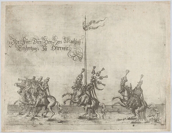 Procession, with men riding horses; three men playing trumpets at front, a knight... 16th century. Creator: Anon