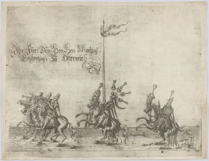 Framed Print : Procession, with men riding horses; three men playing trumpets at front, a knight... 16th century. Creator: Anon Framed Print : Procession, with men riding horses; three men playing trumpets at front, a knight... 16th century. Creator: Anon