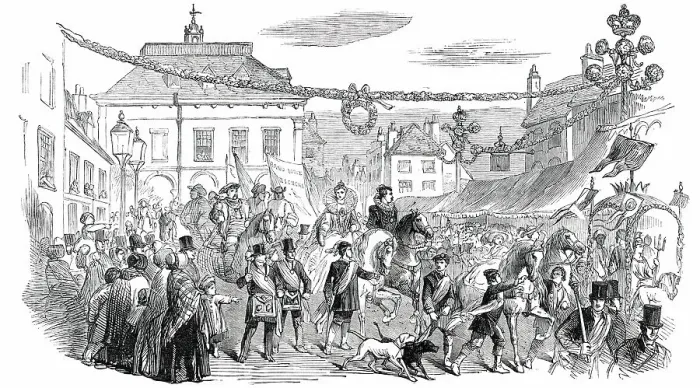 Framed Print : The Procession near the Corn Exchange, Warwick May Fair Show, 1850. Creator: Unknown Framed Print : The Procession near the Corn Exchange, Warwick May Fair Show, 1850. Creator: Unknown