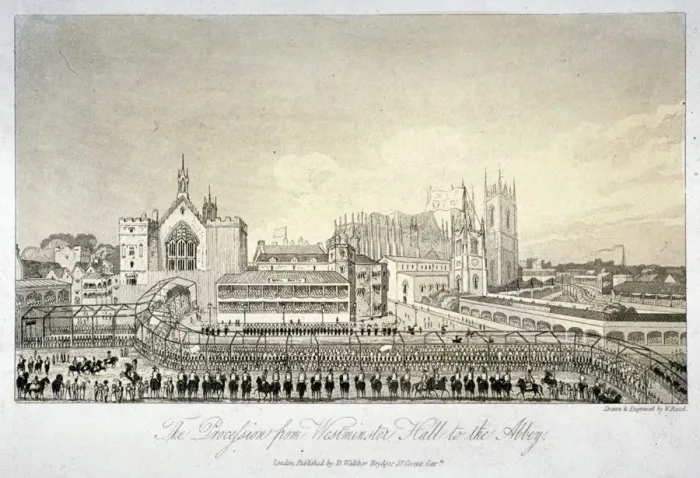 Framed Print : Procession outside Westminster Hall, London, 1821. Artist Framed Print : Procession outside Westminster Hall, London, 1821. Artist