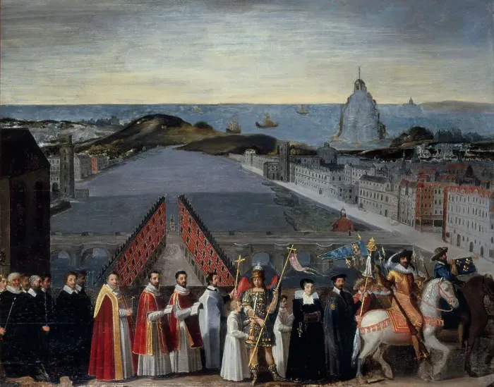 Framed Print : Procession of the Parisian brotherhood of Mont Saint-Michel pilgrims on the Pont... c1610-1620. Creator: Unknown Framed Print : Procession of the Parisian brotherhood of Mont Saint-Michel pilgrims on the Pont... c1610-1620. Creator: Unknown