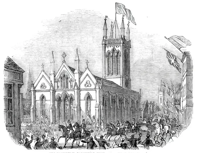 Framed Print : The procession, passing St. Michaels Church, Stamford, 1844. Creator: Unknown Framed Print : The procession, passing St. Michaels Church, Stamford, 1844. Creator: Unknown