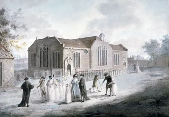 Framed Print : A procession of schoolchildren entering Broadway Chapel, Westminster, London, 1797 Framed Print : A procession of schoolchildren entering Broadway Chapel, Westminster, London, 1797