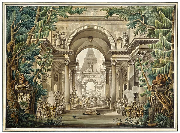 Procession in a temple. Set design for a theatre play, 18th or early 19th century. Artist: Louis Jean Desprez
