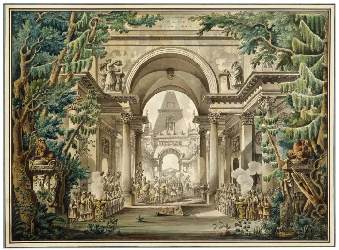 Framed Print : Procession in a temple. Set design for a theatre play, 18th or early 19th century. Artist: Louis Jean Desprez Framed Print : Procession in a temple. Set design for a theatre play, 18th or early 19th century. Artist: Louis Jean Desprez