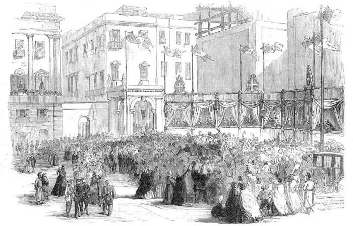 Framed Print : Proclaiming the result of the vote on the annexation question before the Royal Palace, Naples, 1860. Creator: Unknown Framed Print : Proclaiming the result of the vote on the annexation question before the Royal Palace, Naples, 1860. Creator: Unknown