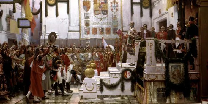 Framed Print : Proclamation of the Courts of Cadiz 1812, oil painted in 1912 Framed Print : Proclamation of the Courts of Cadiz 1812, oil painted in 1912
