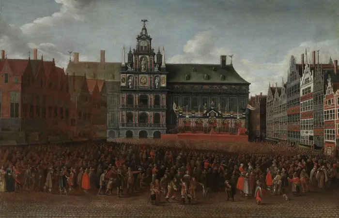 Framed Print : The Proclamation of the Peace of Munster at the Grote Markt in Antwerp, 1649. Creator: Maximiliaen Pauwels Framed Print : The Proclamation of the Peace of Munster at the Grote Markt in Antwerp, 1649. Creator: Maximiliaen Pauwels
