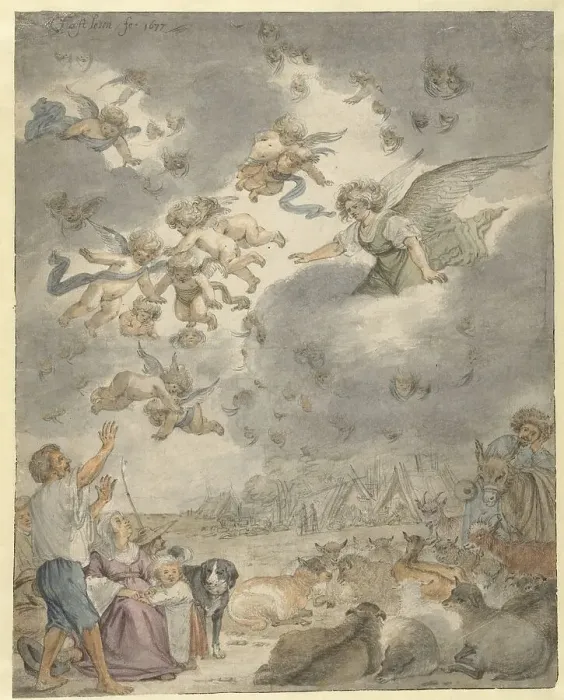 Framed Print : The proclamation to the shepherds, 1677. Creator: Cornelis Saftleven Framed Print : The proclamation to the shepherds, 1677. Creator: Cornelis Saftleven