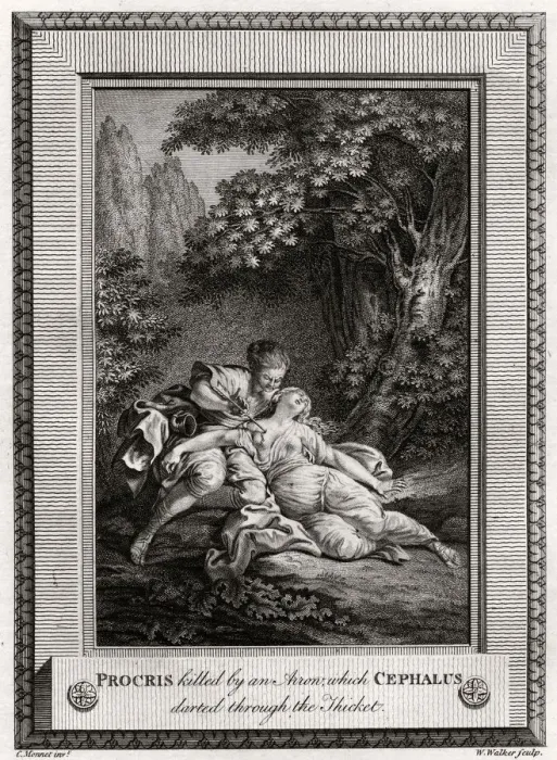 Framed Print : Procris Killed by an arrow which Cephalus darted through the thicket, 1775. Artist: W Walker Framed Print : Procris Killed by an arrow which Cephalus darted through the thicket, 1775. Artist: W Walker
