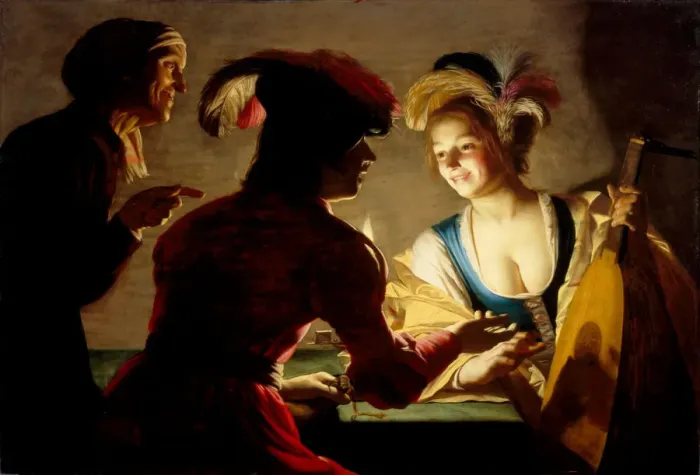 Framed Print : The procuress, 1625. Artist: Honthorst, Gerrit, van (1590-1656) Framed Print : The procuress, 1625. Artist: Honthorst, Gerrit, van (1590-1656)