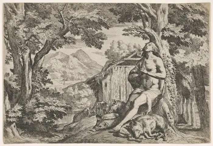 Framed Print : The prodigal son seated at the base of a tree among swine, his gaze directed upward Framed Print : The prodigal son seated at the base of a tree among swine, his gaze directed upward