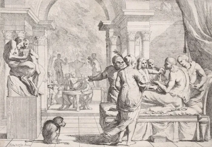 Framed Print : The prodigal son seated on a couch being served wine, revelers in the background, a mo Framed Print : The prodigal son seated on a couch being served wine, revelers in the background, a mo