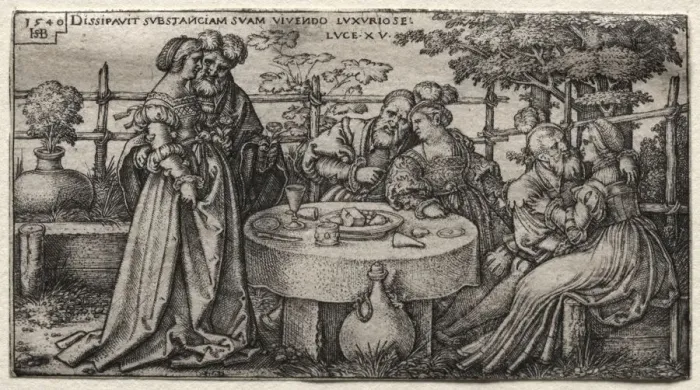 Framed Print : The Prodigal Son: Wasting His Fortune. Creator: Hans Sebald Beham (German, 1500-1550) Framed Print : The Prodigal Son: Wasting His Fortune. Creator: Hans Sebald Beham (German, 1500-1550)