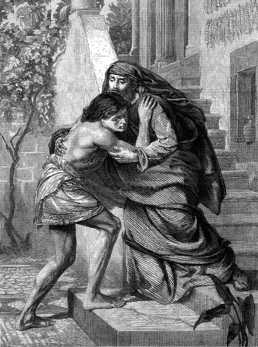 Framed Print : The Prodigal's Return, by E. J. Poynter, A.R.A. in the Exhibition of the Royal Academy, 1869. Creator: W Thomas Framed Print : The Prodigal's Return, by E. J. Poynter, A.R.A. in the Exhibition of the Royal Academy, 1869. Creator: W Thomas