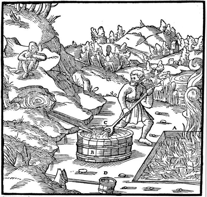 Framed Print : Producing salt by evaporating natural brine by pouring it into a pit of burning charcoal, 1556 Framed Print : Producing salt by evaporating natural brine by pouring it into a pit of burning charcoal, 1556