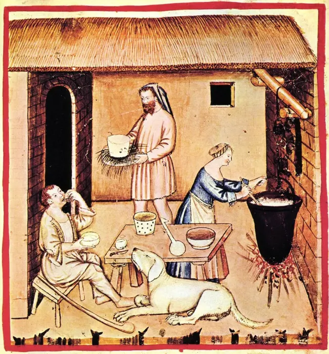 Framed Print : The production of cheese. A miniature from Tacuinum Sanitatis, Second Half of 14th cen Artist: Anonymous Framed Print : The production of cheese. A miniature from Tacuinum Sanitatis, Second Half of 14th cen Artist: Anonymous