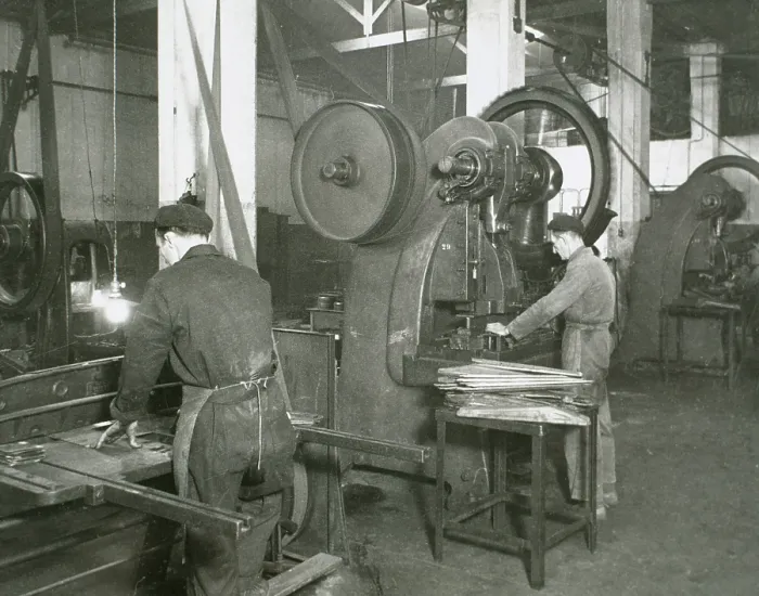 Framed Print : Production line of a company who manufacture motorcycle components, Barcelona, Spain, 1945. Creator: Unknown Framed Print : Production line of a company who manufacture motorcycle components, Barcelona, Spain, 1945. Creator: Unknown