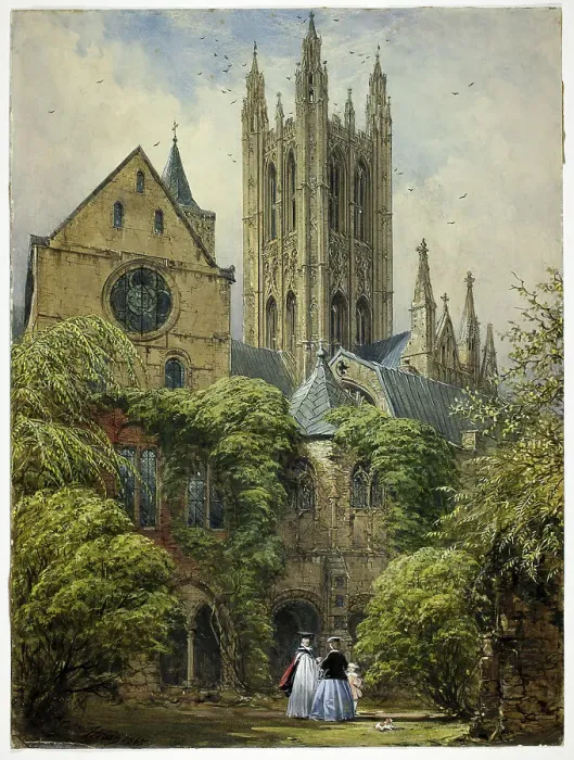 Framed Print : Professor, Woman, Child and Dog in Cathedral Close, 1860 / 65. Creator: Joseph Nash Framed Print : Professor, Woman, Child and Dog in Cathedral Close, 1860 / 65. Creator: Joseph Nash