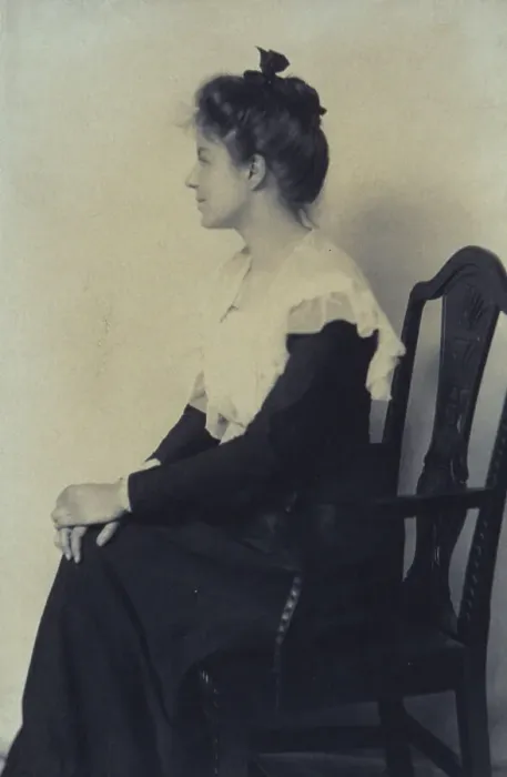 Framed Print : Profile portrait of a woman seated in chair, facing left with hands on her knees, c1900. Creator: Misses Selby Framed Print : Profile portrait of a woman seated in chair, facing left with hands on her knees, c1900. Creator: Misses Selby