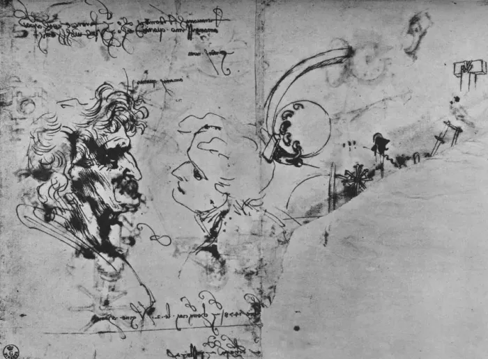 Framed Print : Two Profiles and Studies of Machinery, c1480 (1945). Artist: Leonardo da Vinci Framed Print : Two Profiles and Studies of Machinery, c1480 (1945). Artist: Leonardo da Vinci