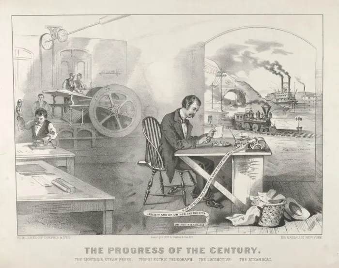Framed Print : The Progress of the Century - The Lightning Steam Press. The Electric Telegraph Framed Print : The Progress of the Century - The Lightning Steam Press. The Electric Telegraph