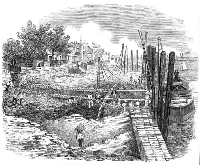Framed Print : Progress of the Embankment of the Thames at Chelsea, 1857. Creator: Unknown Framed Print : Progress of the Embankment of the Thames at Chelsea, 1857. Creator: Unknown