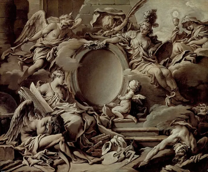Framed Print : Project for a Cartouche: An Allegory of Minerva, Fame, History and Faith Overcomin... c1727. Creator: Francois Boucher Framed Print : Project for a Cartouche: An Allegory of Minerva, Fame, History and Faith Overcomin... c1727. Creator: Francois Boucher