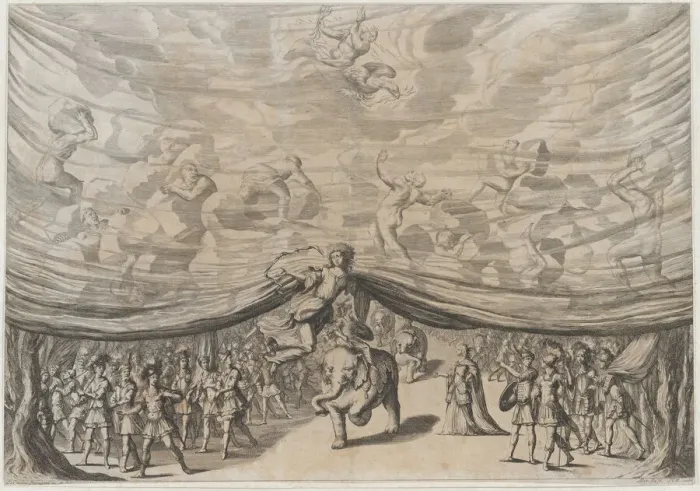 Framed Print : Prologue; the stage curtain is lifted to reveal a soldier on an elephant surrounded by his... 1678. Creator: Mathaus Küsel Framed Print : Prologue; the stage curtain is lifted to reveal a soldier on an elephant surrounded by his... 1678. Creator: Mathaus Küsel