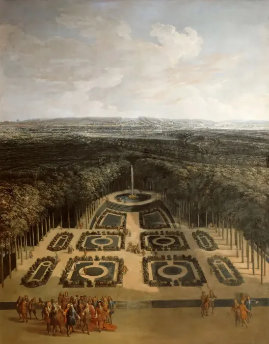 Framed Print : Promenade of Louis XIV in the Gardens of the Grand Trianon. Artist: Chastelain, Charles (1672-1755) Framed Print : Promenade of Louis XIV in the Gardens of the Grand Trianon. Artist: Chastelain, Charles (1672-1755)