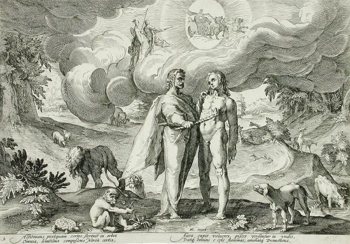 Framed Print : Prometheus Forms Man and Animates Him with Fire from Heaven, published 1589. Creator: Hendrik Goltzius Framed Print : Prometheus Forms Man and Animates Him with Fire from Heaven, published 1589. Creator: Hendrik Goltzius