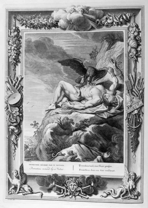 Framed Print : Prometheus tortured by a vulture, 1733. Artist: Bernard Picart Framed Print : Prometheus tortured by a vulture, 1733. Artist: Bernard Picart