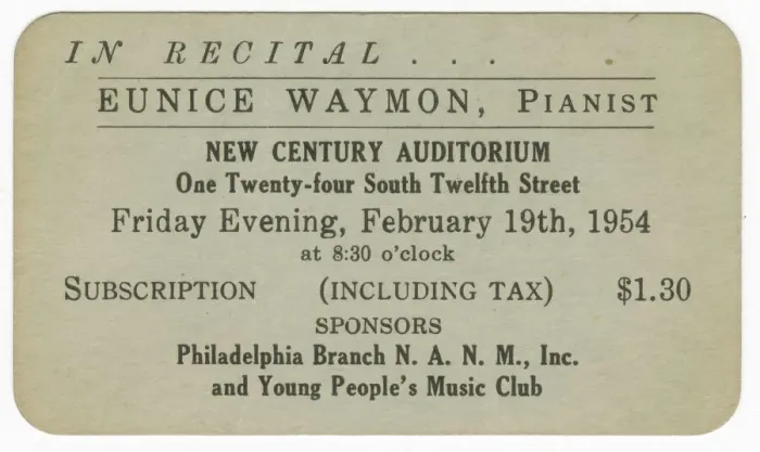 Framed Print : Promotional card for a piano recital given by Eunice Waymon (Nina Simone), 1954 Framed Print : Promotional card for a piano recital given by Eunice Waymon (Nina Simone), 1954