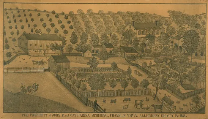 Framed Print : The Property of John P. and Catharina Schuring, Franklin Town, Allegheny County... 1883. Creator: Ferdinand Arnold Brader Framed Print : The Property of John P. and Catharina Schuring, Franklin Town, Allegheny County... 1883. Creator: Ferdinand Arnold Brader