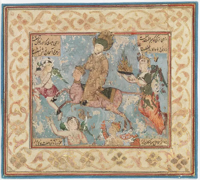 Framed Print : Prophet Mohamed ascends to heaven on Buraq's back, c1800. Creator: Unknown Framed Print : Prophet Mohamed ascends to heaven on Buraq's back, c1800. Creator: Unknown