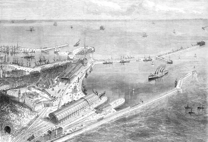 Framed Print : Proposed Channel Railway Ferry: station and pier at Dover, 1870. Creator: Unknown Framed Print : Proposed Channel Railway Ferry: station and pier at Dover, 1870. Creator: Unknown
