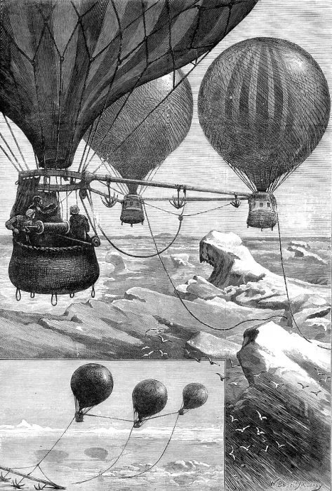 Framed Print : Proposed method of reaching the North Pole by balloons: balloons starting - balloons at anchor, 1880 Creator: Unknown Framed Print : Proposed method of reaching the North Pole by balloons: balloons starting - balloons at anchor, 1880 Creator: Unknown
