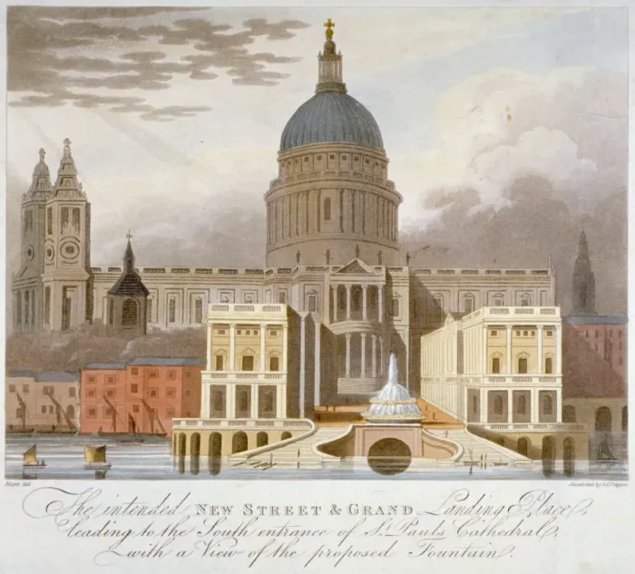 Framed Print : Proposed riverfront access to St Pauls Cathedral, City of London, 1826. Artist Framed Print : Proposed riverfront access to St Pauls Cathedral, City of London, 1826. Artist
